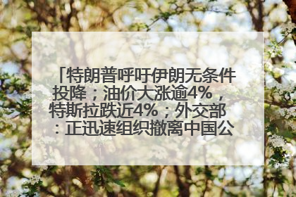 特朗普呼吁伊朗无条件投降；油价大涨逾4%，特斯拉跌近4%；外交部：正迅速组织撤离中国公民；阿里+苹果，大消息丨每经早参